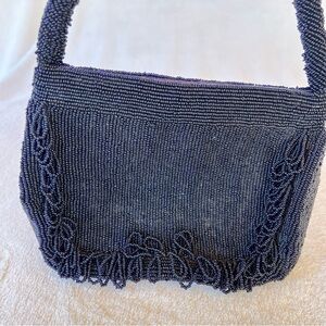 VINTAGE BLACK BEADED FRINGE SMALL HANDBAG SNAP CLOSE
